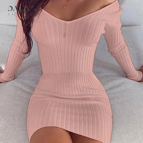 Sexy Off Shoulder Long Sleeve Bodycon Dress for Women Mini Knit Sweater Dress